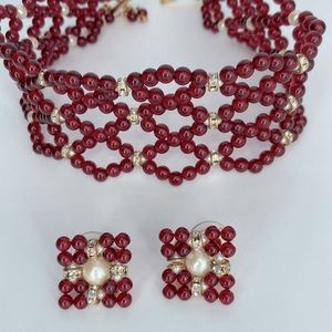 Monet Vintage Burgundy Chocker Necklace and Earrings